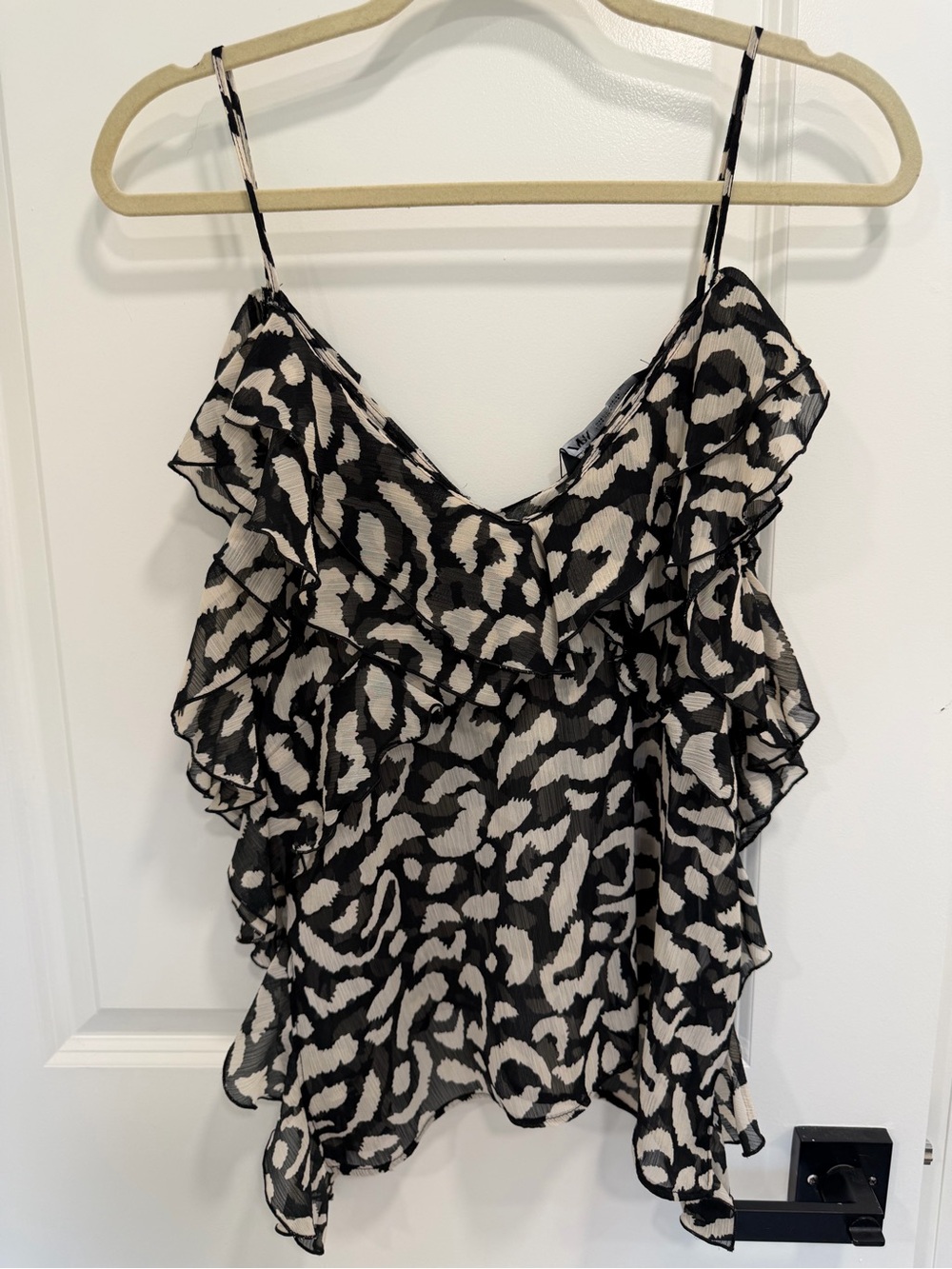 Zara Black & Cream Ruffle Animal-Print Cami